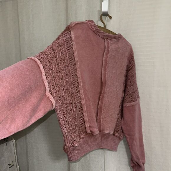 ALTAR’D STATE M Jenna Ash Rose Pink Stone Washed Crochet Pieced Crewneck Top - Picture 14 of 16